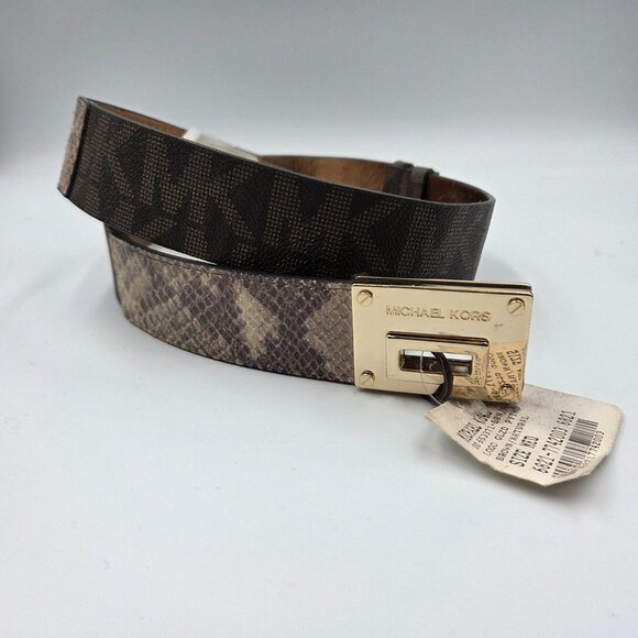 Michael Kors Belt Womens Medium Brown MK Logo Python Print Adjustable Slide NEW - Picture 2 of 10